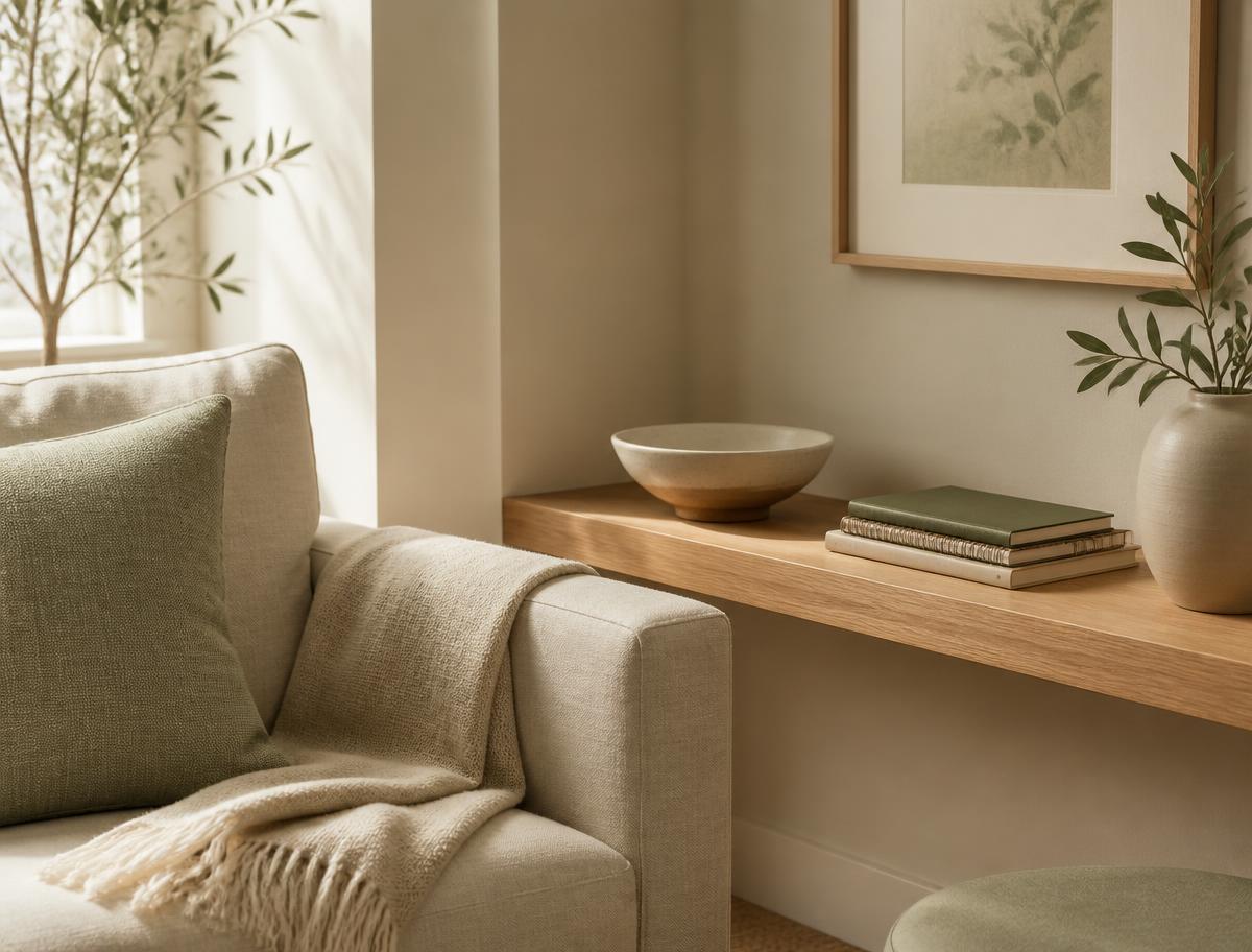 Linen sofa corner with a folded throw and notebooks on a timber shelf in a quiet consulting room
