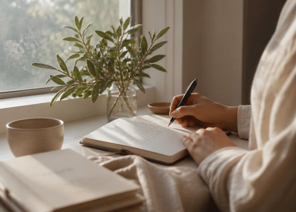 Hands writing in a journal at a sunlit windowsill beside a small plant