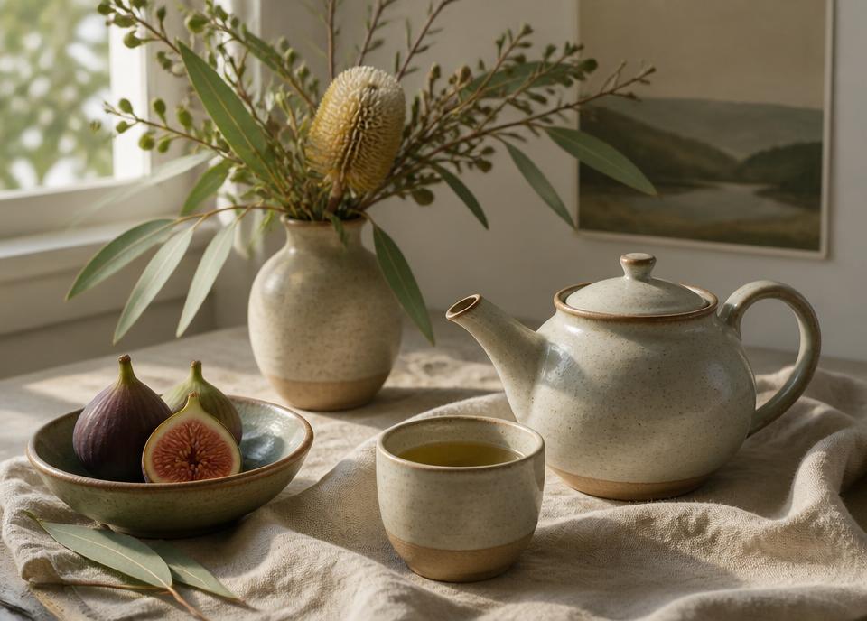 Ceramic teapot and cup on linen beside native foliage in morning light