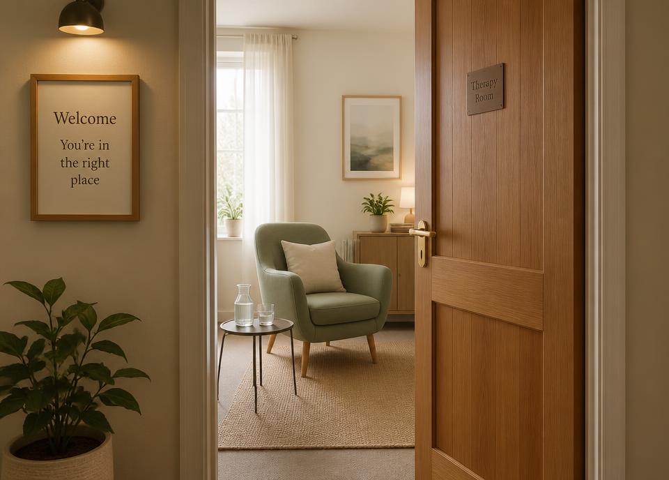 Open timber door revealing a softly lit therapy room with a sage armchair