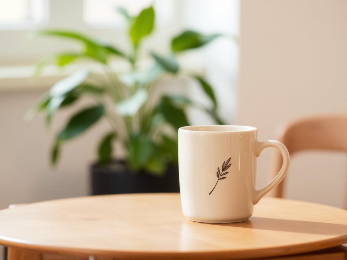 Ceramic mug with a leaf motif on a wooden table beside a plant