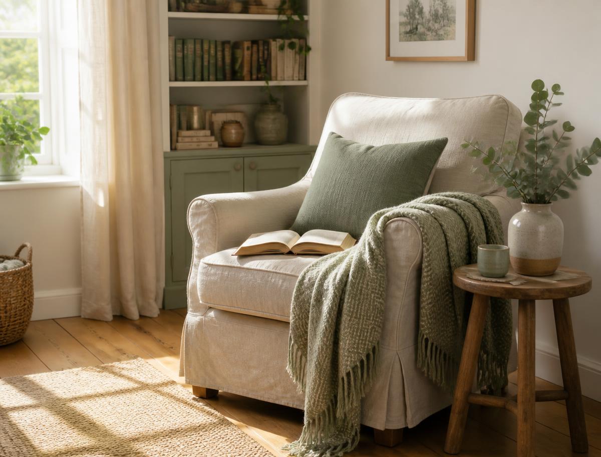 Linen armchair with an open book and sage throw beside a bookshelf in morning light