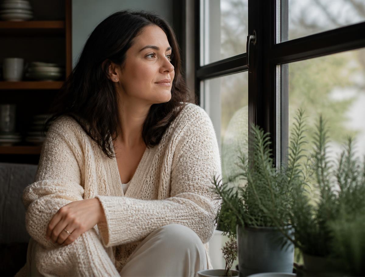 Woman in a cream knit sitting quietly by a window, looking out in a reflective moment